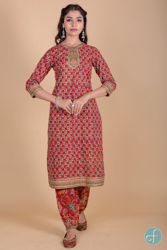 Brick Red Block Printed Kurta - KS40