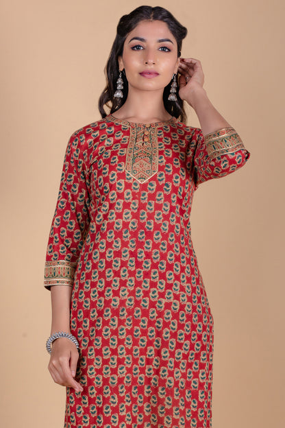 Brick Red Block Printed Kurta - KS40
