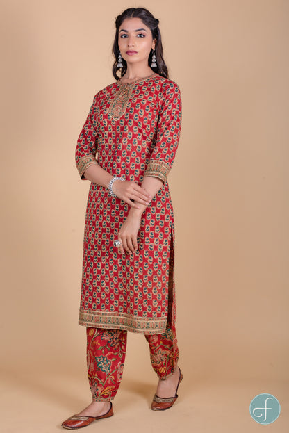 Brick Red Block Printed Kurta - KS40