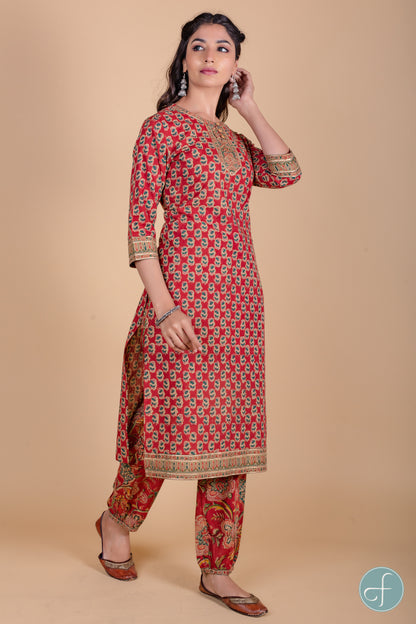 Brick Red Block Printed Kurta - KS40