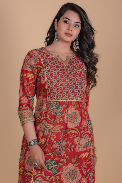 Carmine Red Floral Block Printed Kurta Set-KS52