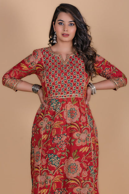 Carmine Red Floral Block Printed Kurta Set-KS52