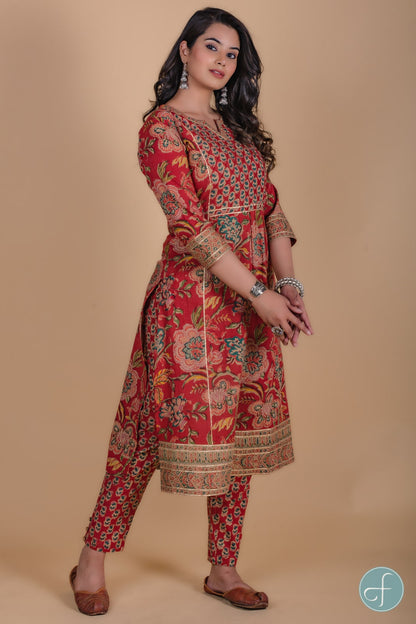 Carmine Red Floral Block Printed Kurta Set-KS52