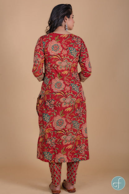 Carmine Red Floral Block Printed Kurta Set-KS52