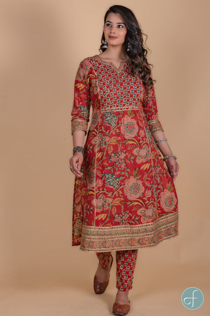 Carmine Red Floral Block Printed Kurta Set-KS52