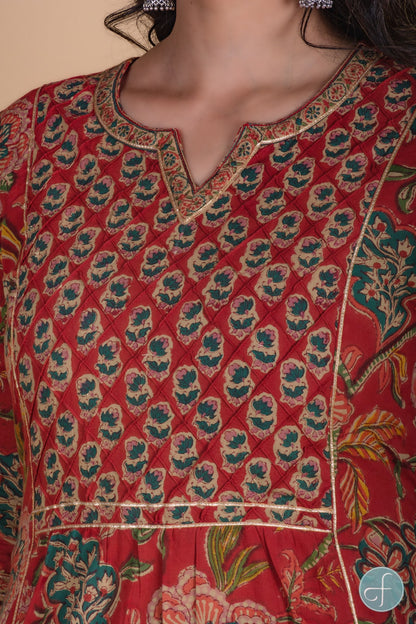 Carmine Red Floral Block Printed Kurta Set-KS52