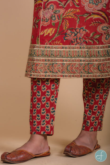 Carmine Red Floral Block Printed Kurta Set-KS52