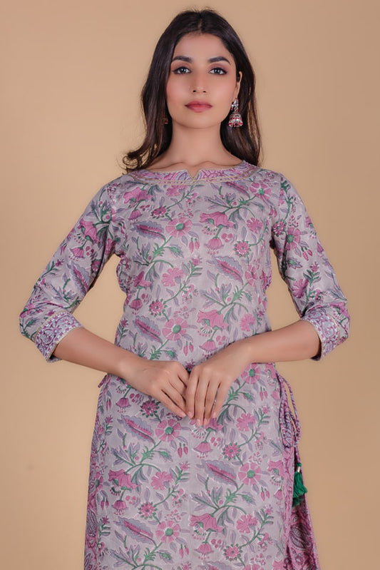 Lavender Floral Block Printed A Line Kurta - KS71