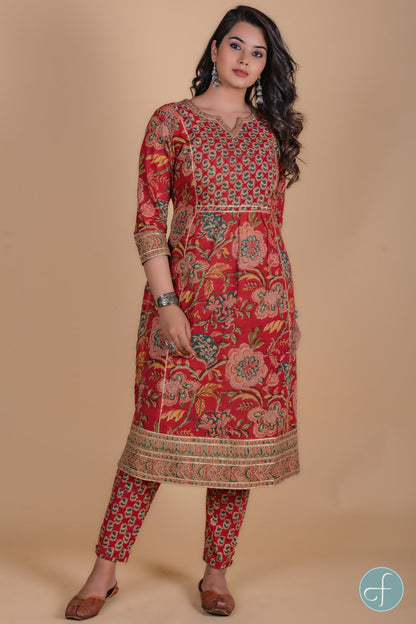 Carmine Red Floral Block Printed Kurta -KS78
