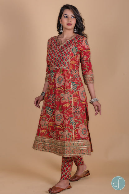 Carmine Red Floral Block Printed Kurta -KS78