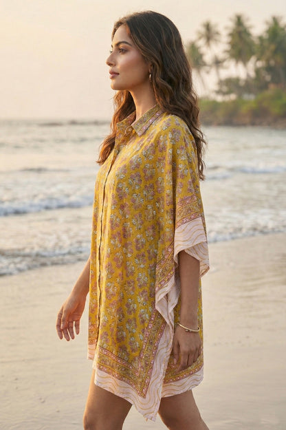 YELLOW  BLOCK PRINTED KAFTAN TOP-NVK560