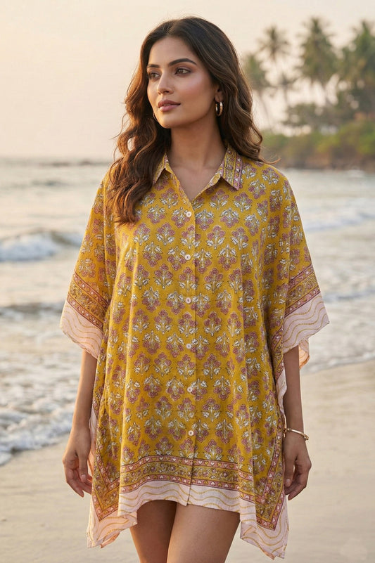YELLOW  BLOCK PRINTED KAFTAN TOP-NVK560