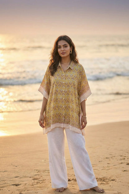 YELLOW  BLOCK PRINTED KAFTAN TOP-NVK560