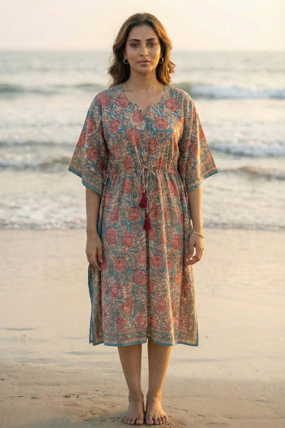 Blue Brown Floral Cotton  Kaftan - NVK562