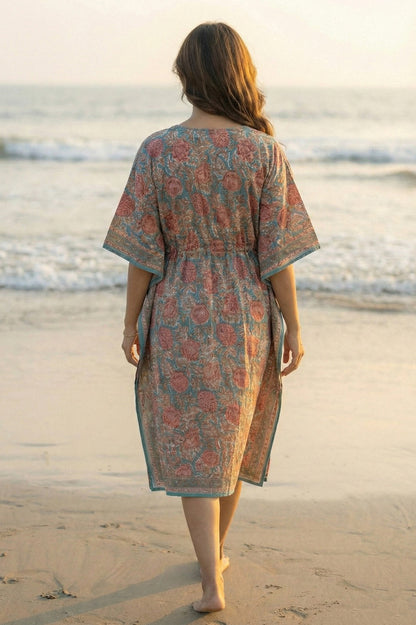 Blue Brown Floral Cotton  Kaftan - NVK562