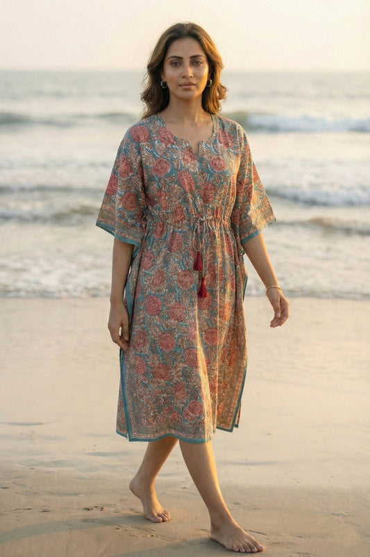 Blue Brown Floral Cotton  Kaftan - NVK562