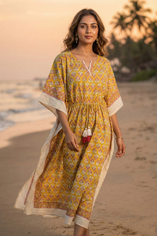 Yellow Floral Cotton Long Kaftan - NVK563