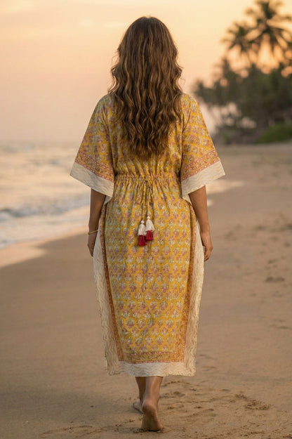Yellow Floral Cotton Long Kaftan - NVK563