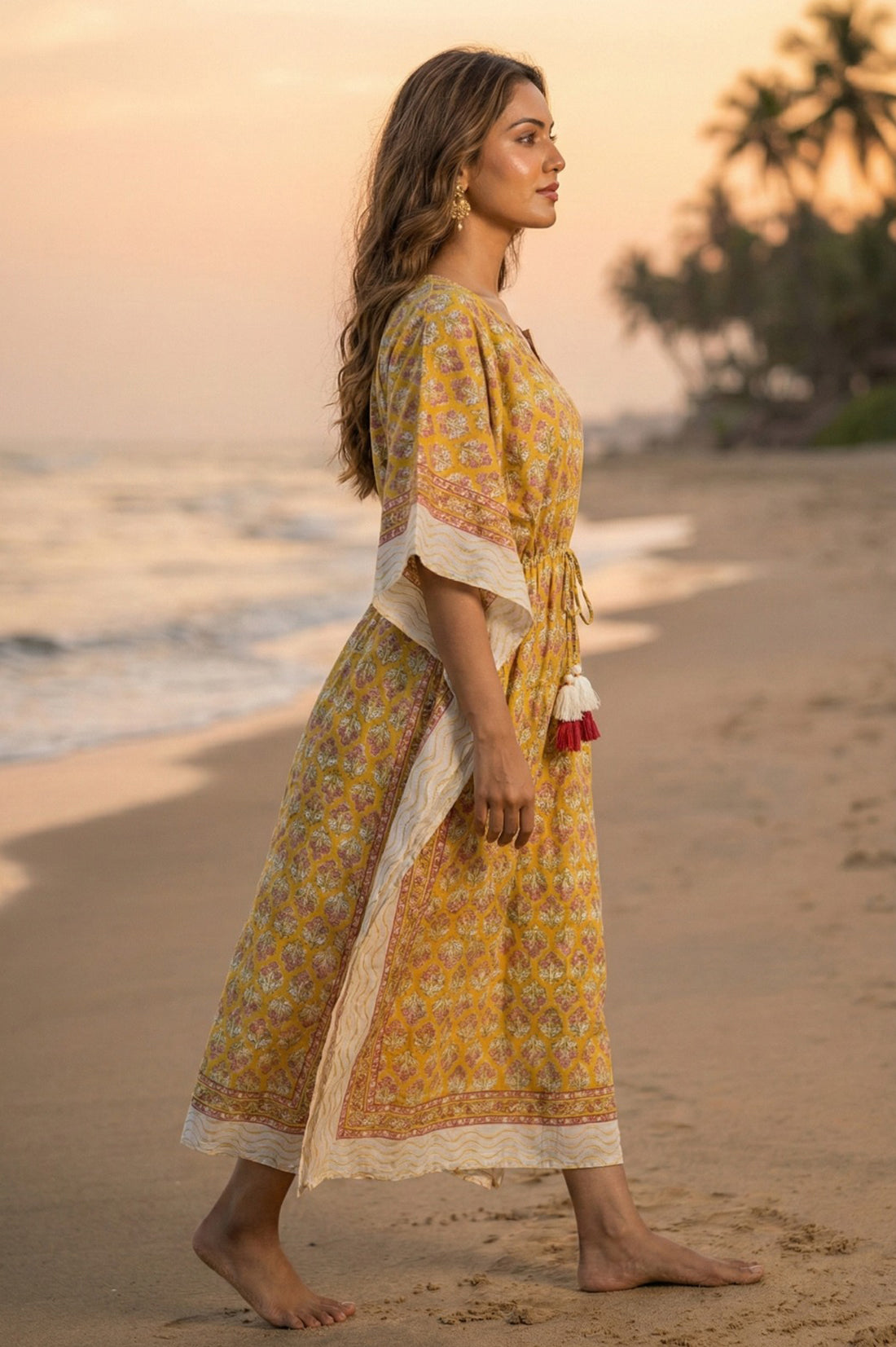 Yellow Floral Cotton Long Kaftan - NVK563
