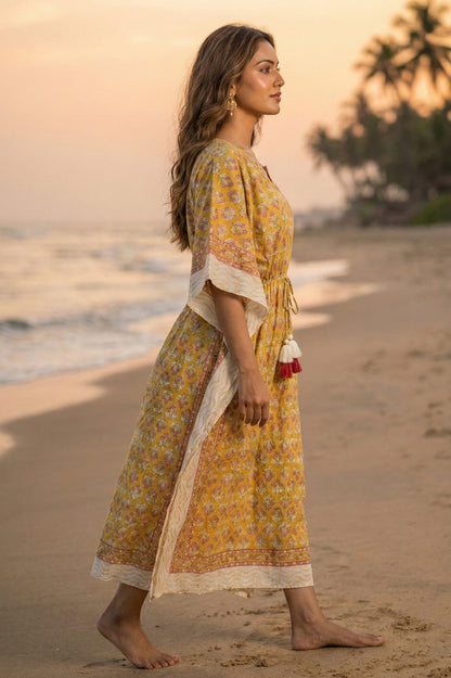 Yellow Floral Cotton Long Kaftan - NVK563