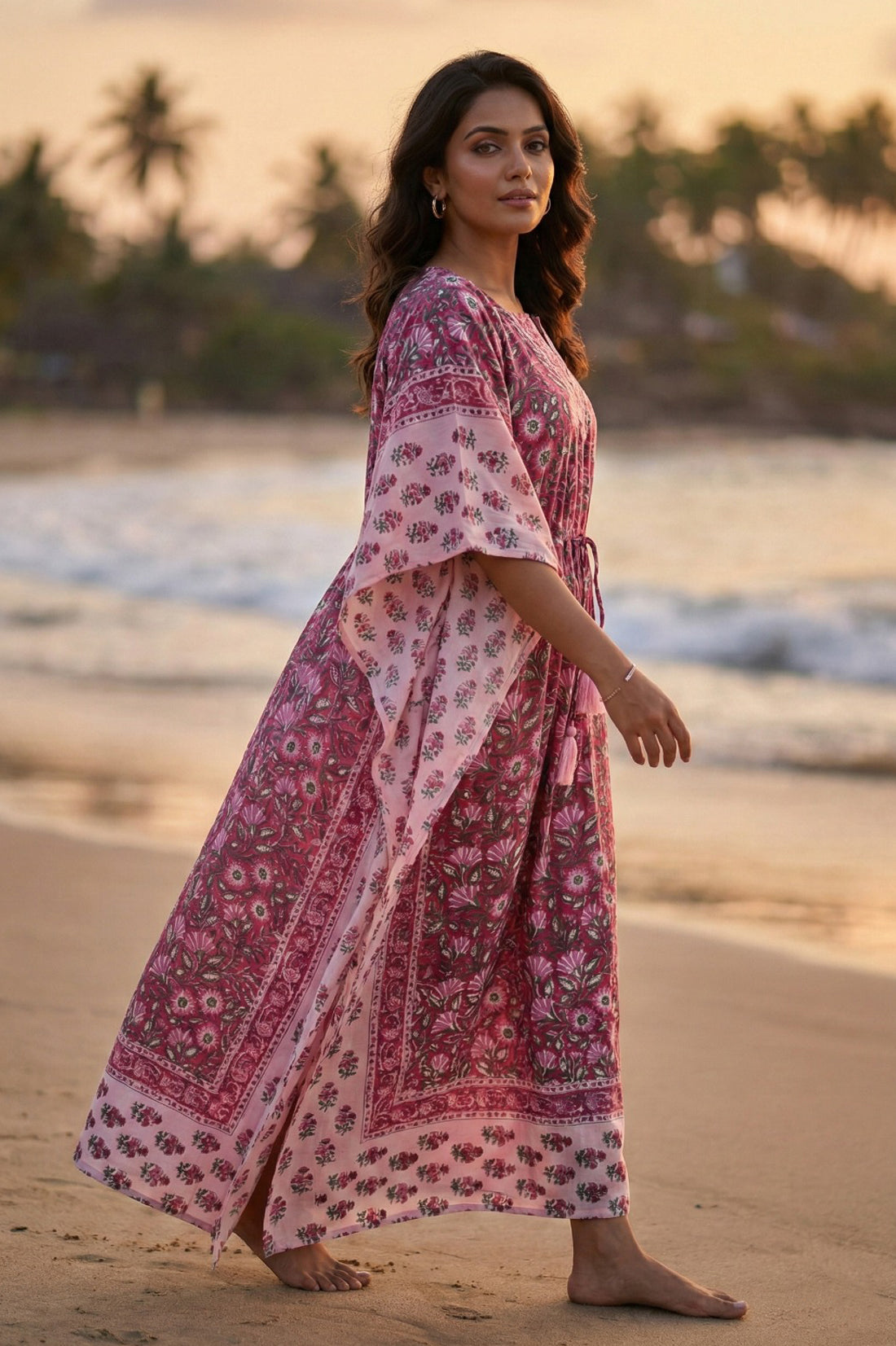 Pink Floral Cotton Long Kaftan - NVK564
