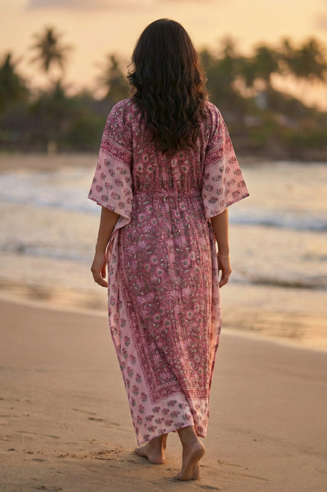 Pink Floral Cotton Long Kaftan - NVK564