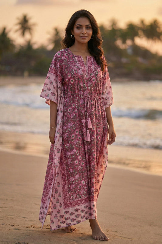 Pink Floral Cotton Long Kaftan - NVK564