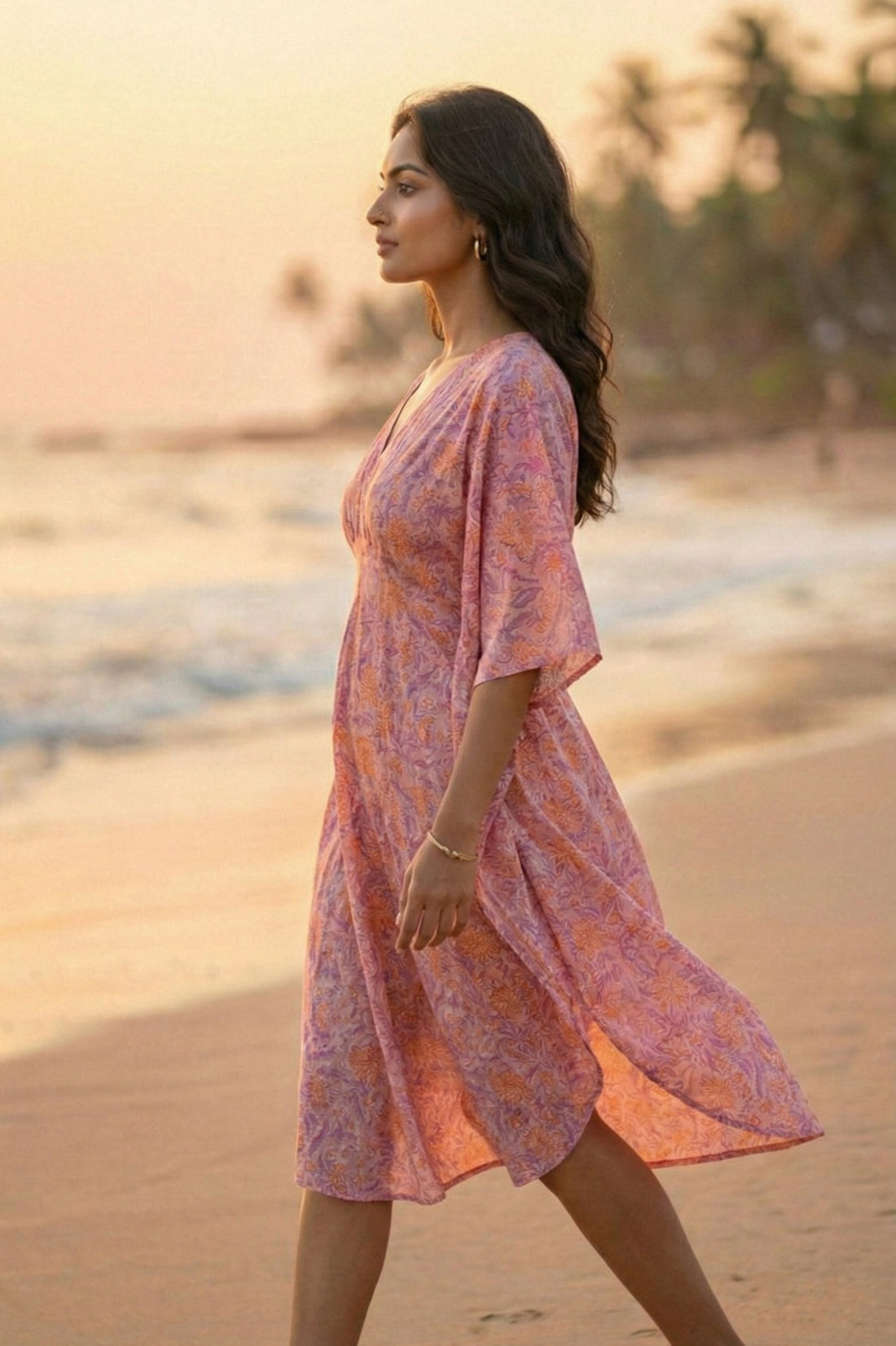 Pink Floral Hand Block Printed Kaftan Dress- NVK565