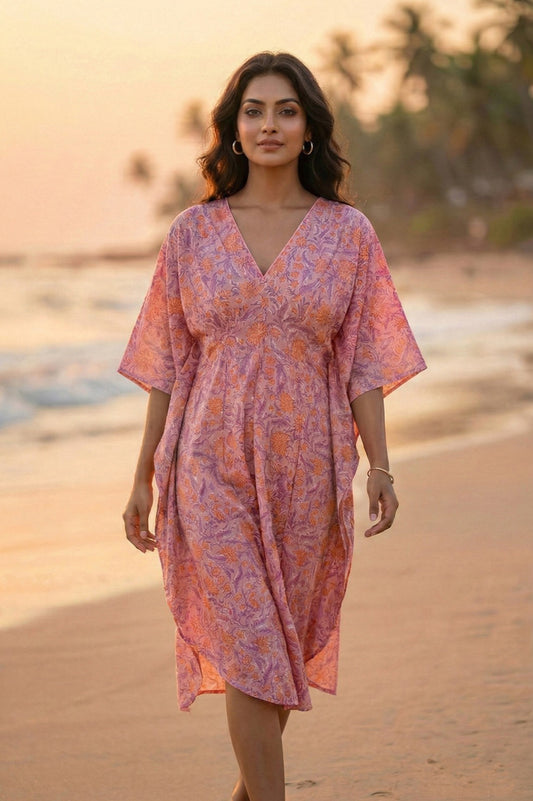 Pink Floral Hand Block Printed Kaftan Dress- NVK565