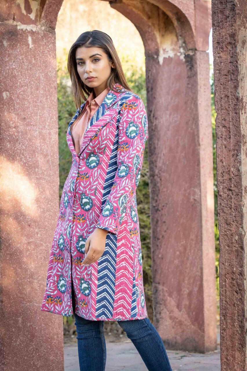 Pink Blue Block Printed Quilted Blazer Coat-NVQJ455