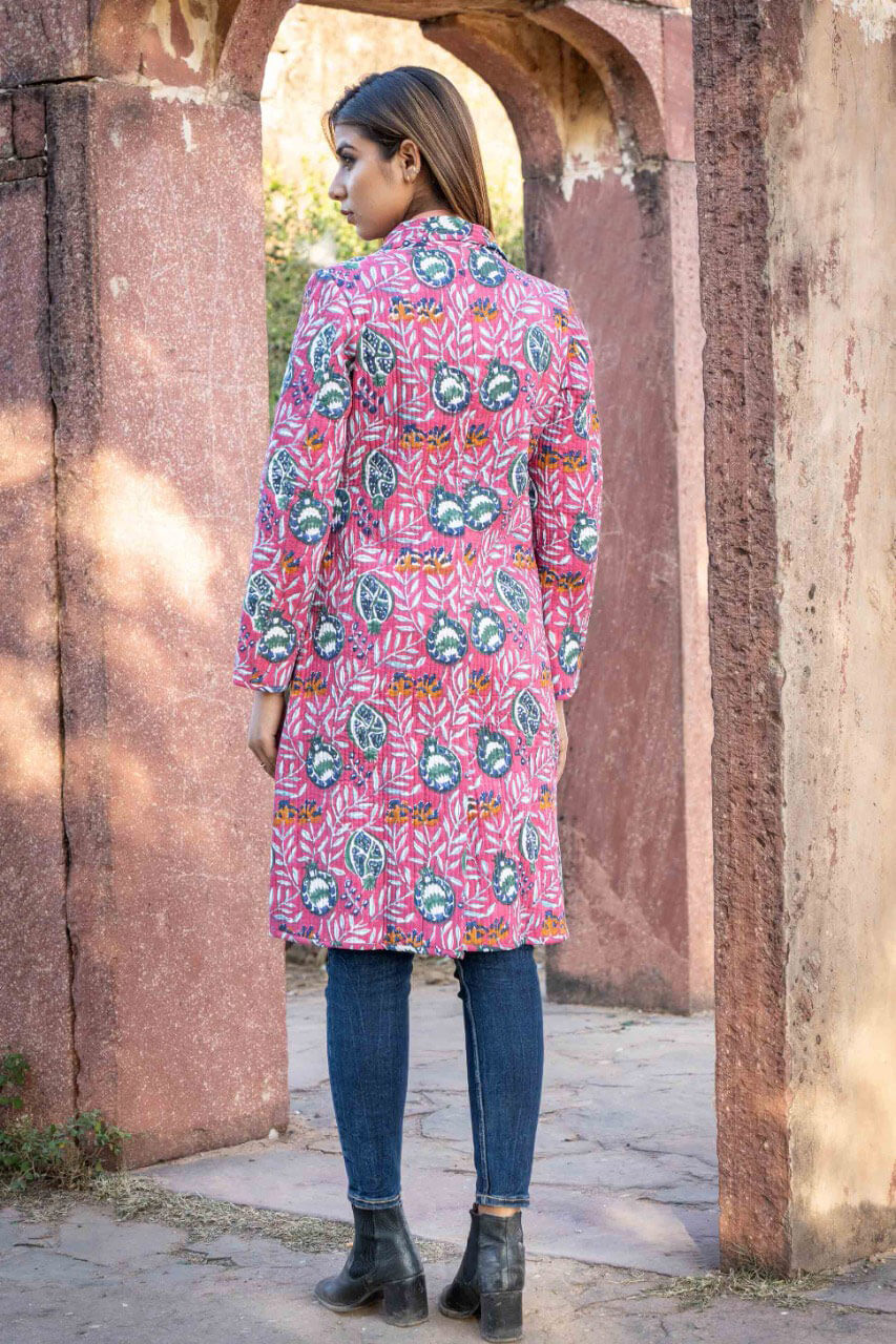 Pink Blue Block Printed Quilted Blazer Coat-NVQJ455