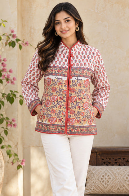 Coral Bloom Block Printed Quilted Jacket-NVQJ678