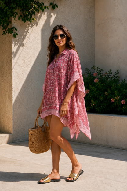 PINK BLOCK PRINTED KAFTAN TOP-NVK559