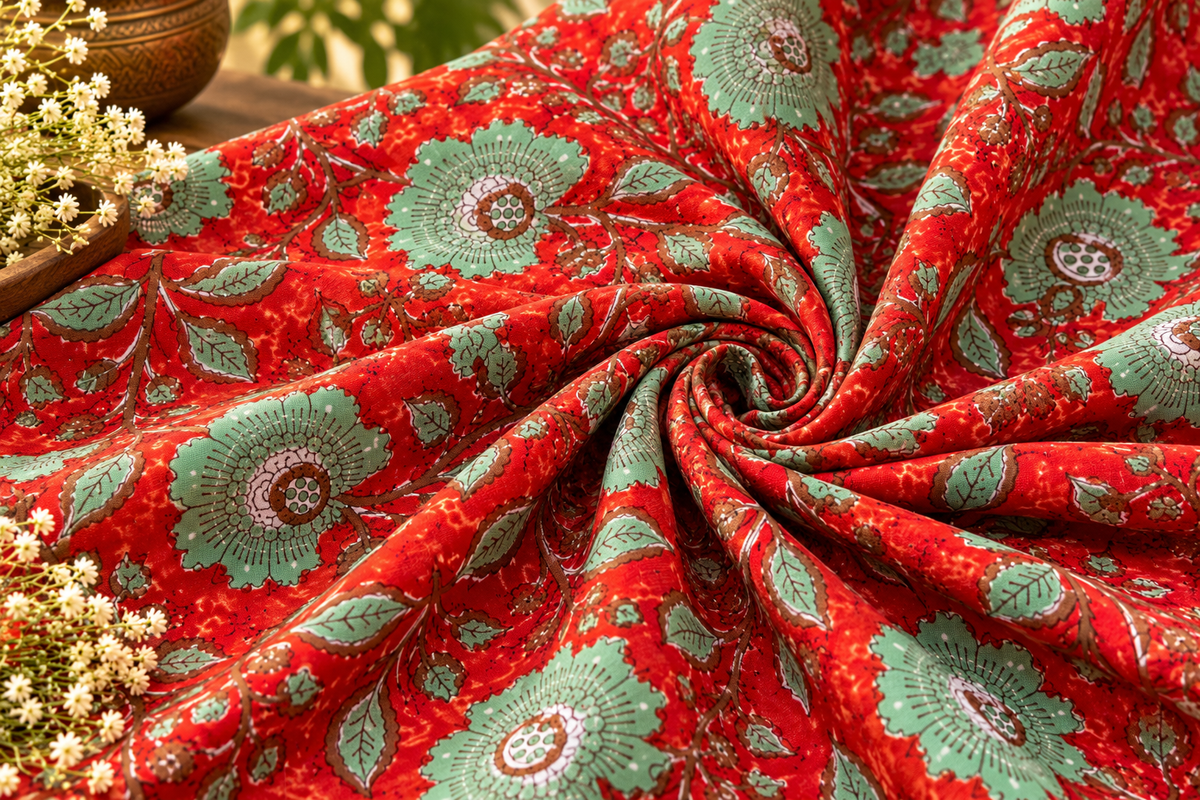 FLORAL HAND BLOCK PRINTED COTTON FABRIC-HF6464