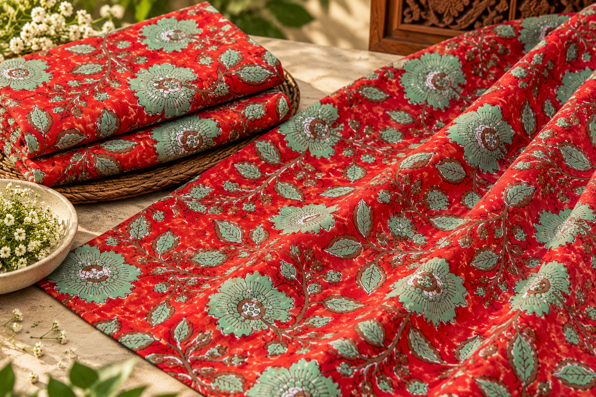 FLORAL HAND BLOCK PRINTED COTTON FABRIC-HF6464