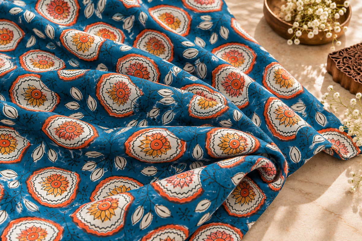 FLORAL HAND BLOCK PRINTED COTTON FABRIC