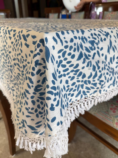 Blue Block Printed Dining Table Cover with Napkins-NFTC02