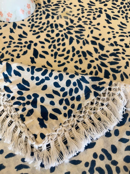 Blue Block Printed Dining Table Cover with Napkins-NFTC02