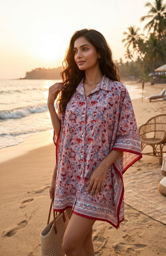 Pink Red Block Print Floral Cotton  Kaftan - NVK575