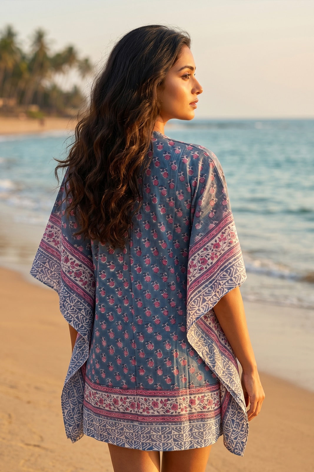 BLUE PINK FLORAL BLOCK PRINT COTTON KAFTAN TOP - NVK585
