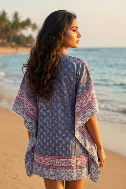 BLUE PINK FLORAL BLOCK PRINT COTTON KAFTAN TOP - NVK585