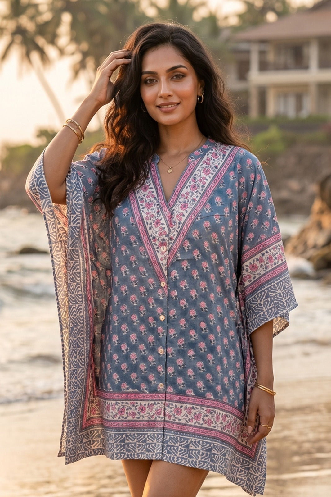 BLUE PINK FLORAL BLOCK PRINT COTTON KAFTAN TOP - NVK585