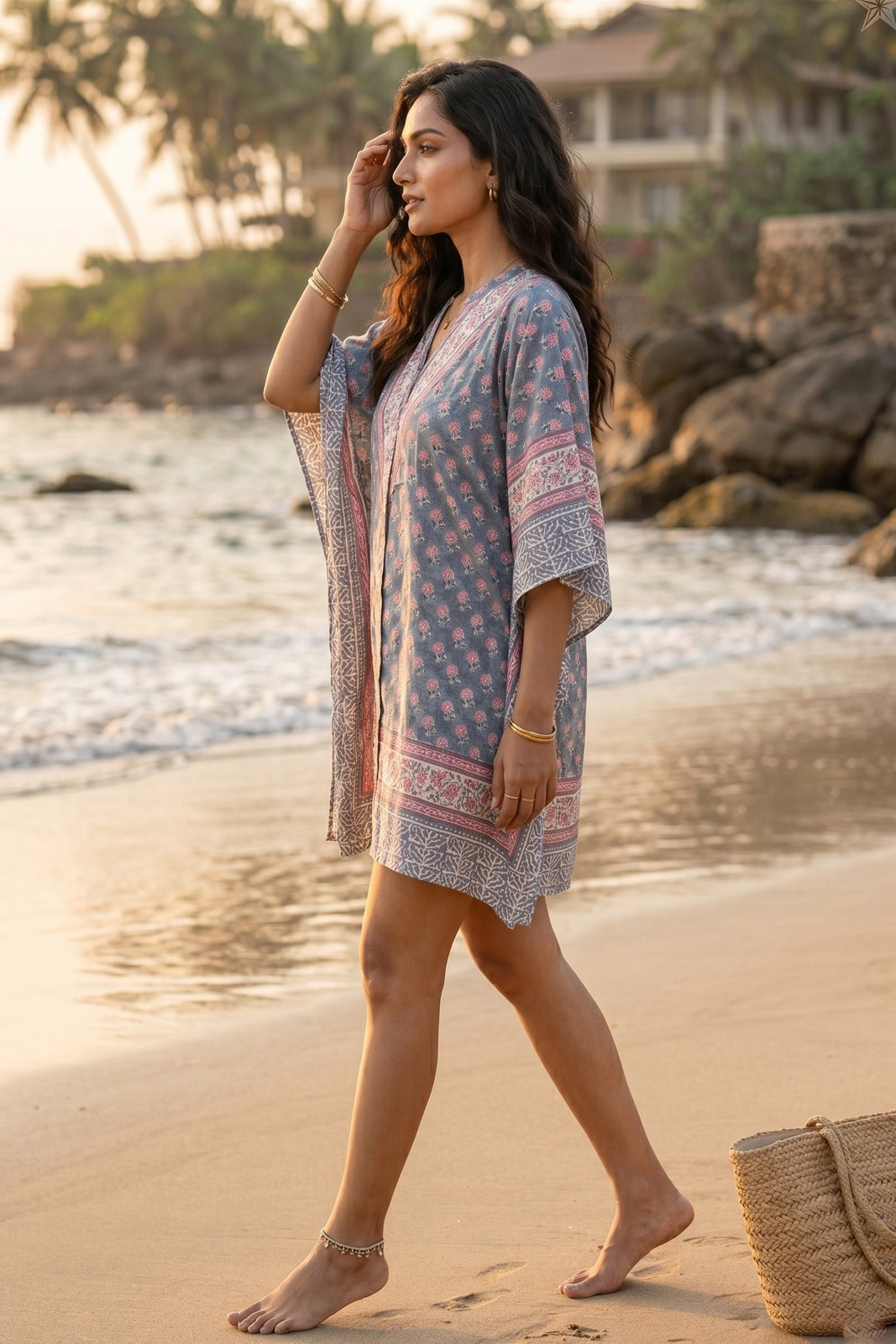BLUE PINK FLORAL BLOCK PRINT COTTON KAFTAN TOP - NVK585
