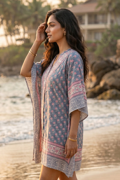 BLUE PINK FLORAL BLOCK PRINT COTTON KAFTAN TOP - NVK585