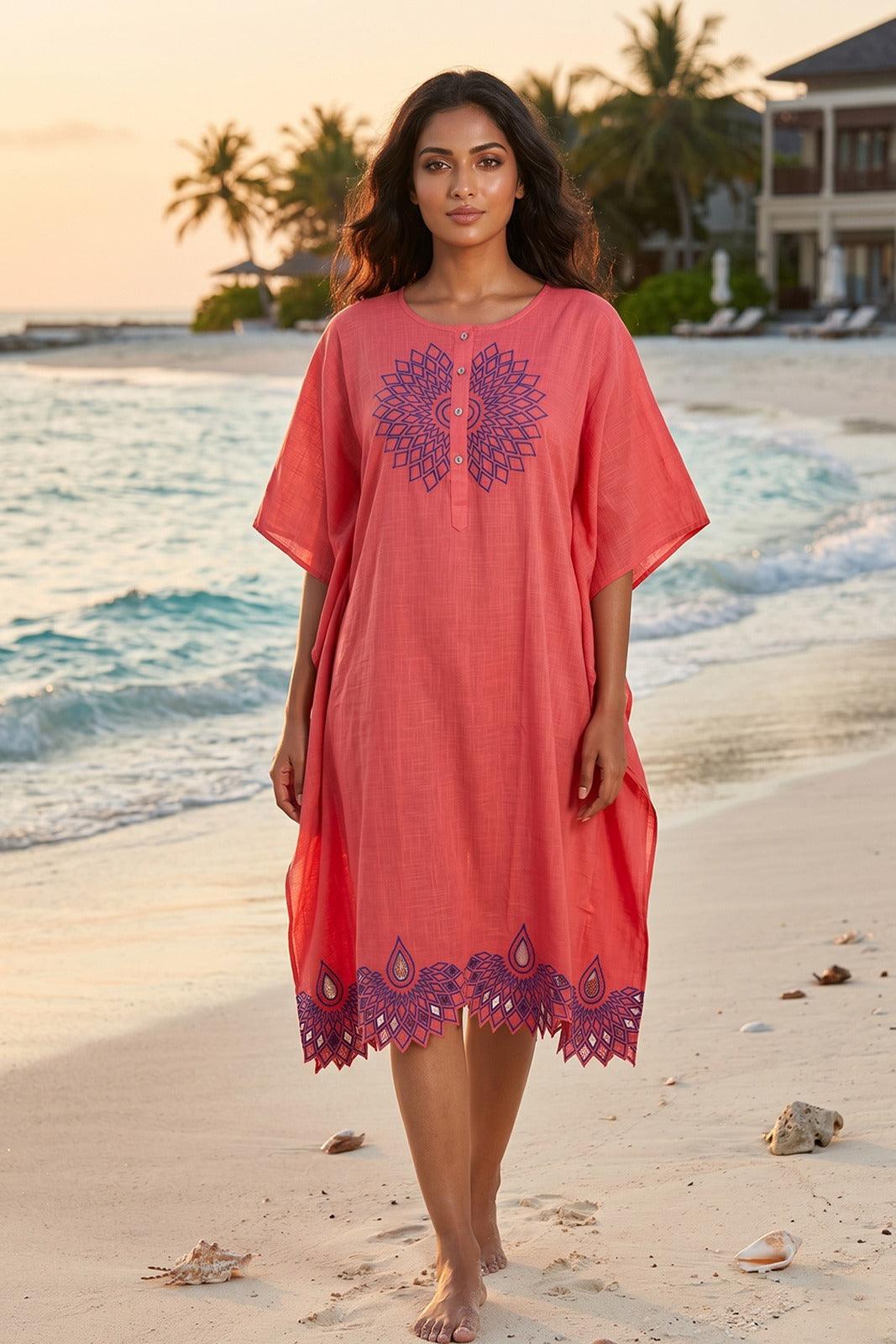 CORAL PINK WORK COTTON  KAFTAN - NVK591