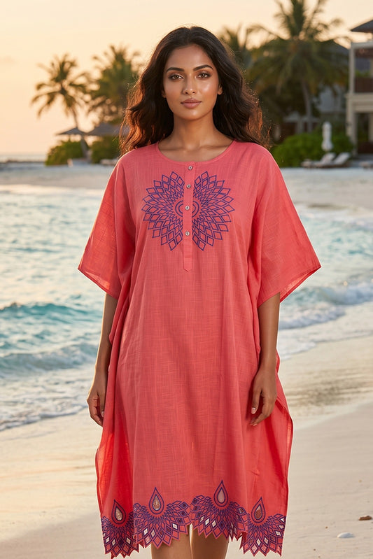 CORAL PINK WORK COTTON  KAFTAN - NVK591