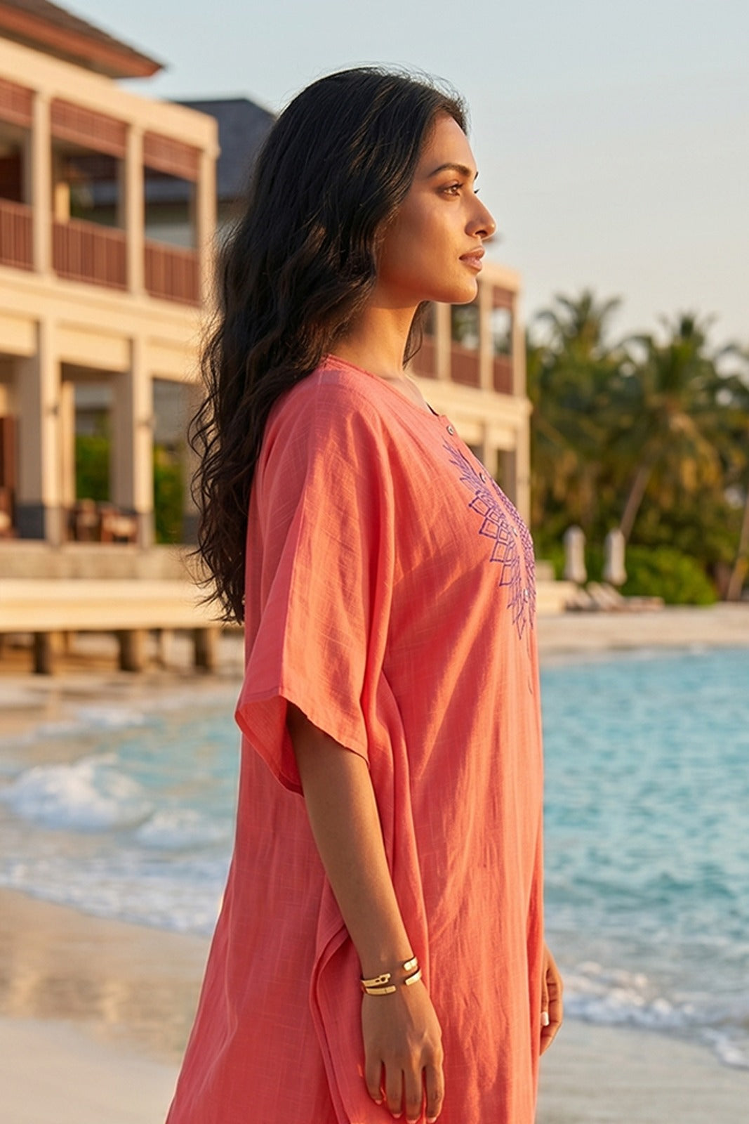 CORAL PINK WORK COTTON  KAFTAN - NVK591