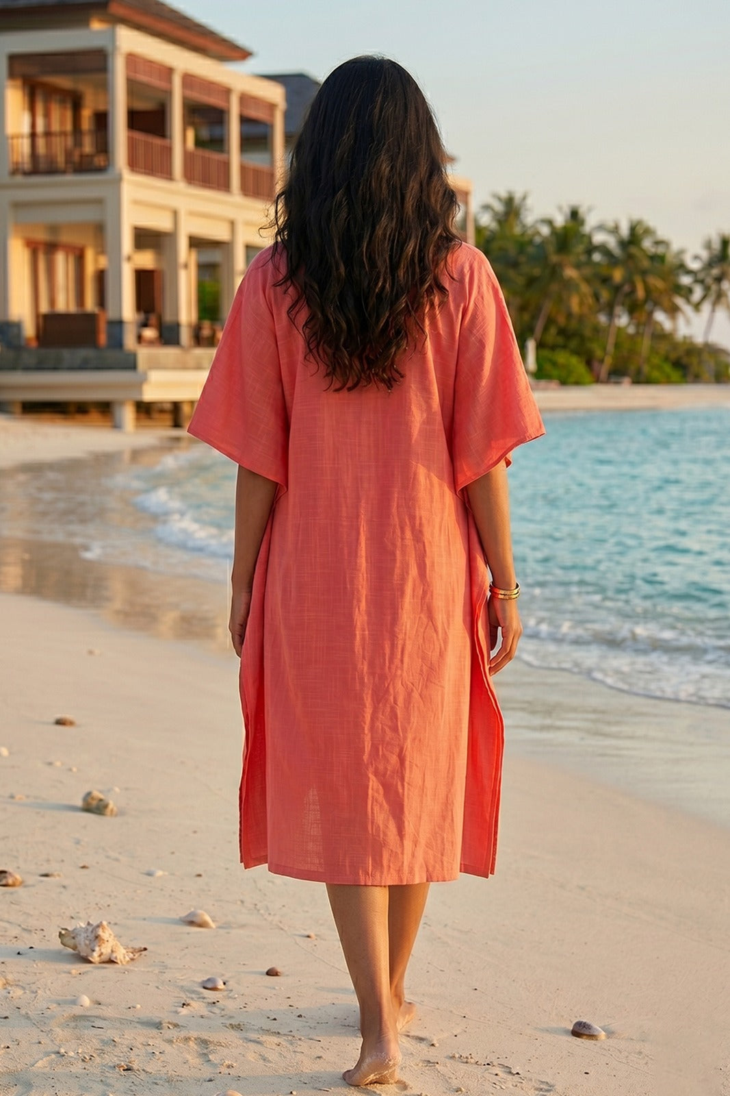 CORAL PINK WORK COTTON  KAFTAN - NVK591