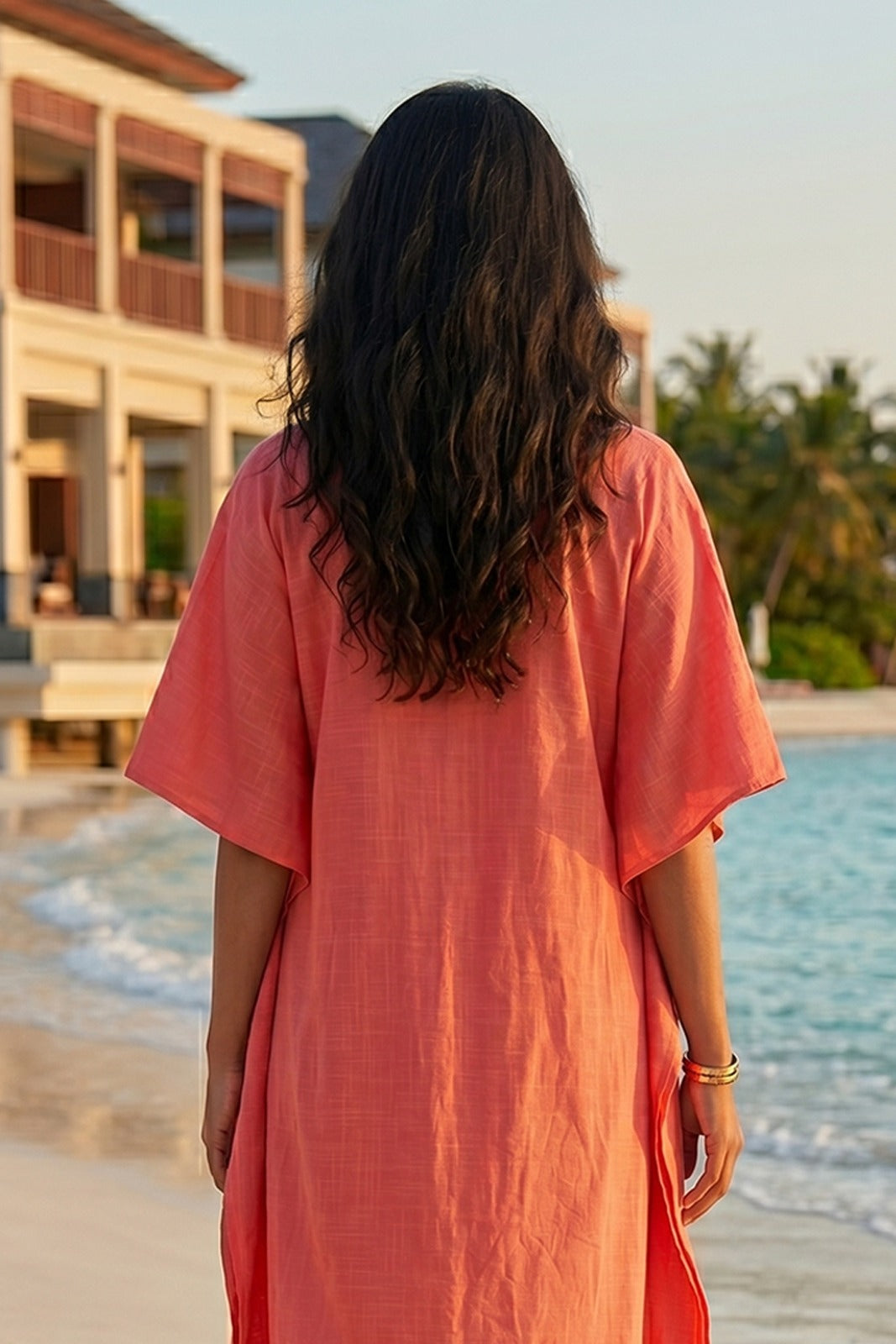 CORAL PINK WORK COTTON  KAFTAN - NVK591