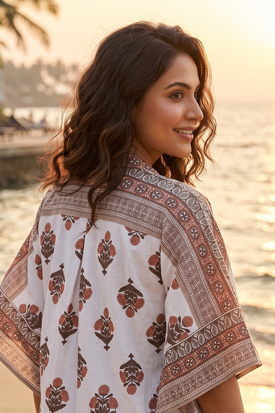 WHITE COTTON MULMUL BLOCK PRINT KAFTAN TOP - NVK595